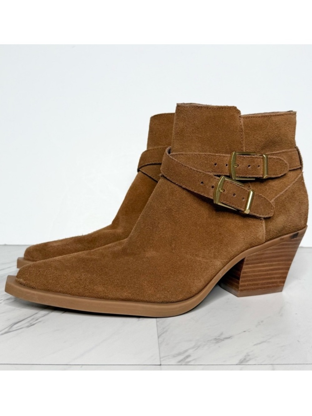 Dolce Vita Buckle Brown Suede Stacked Heel Pointy Toe Bootie 8